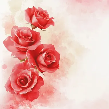 Delicate scarlet roses. The light background is made in light color with a subtle, barely noticeable texture. The overall aesthetic is delicate watercolor. There is enough empty space in the middle for congratulations