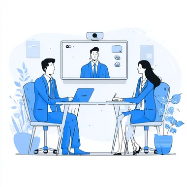 remote meetingA flat illustration, with only the outline of the face and no facial features, depicting two people in blue suits sitting at a table, video conferencing on a large screen, one man speaking and one woman taking notes. The background is white, the style is vector, simple, 2D, high resolution, no shadows. The image is in transparent PNG format, no text or logo, and uses a white palette,IN ghibli style, illustration on white background