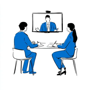 remote meetingA flat illustration, with only the outline of the face and no facial features, depicting two people in blue suits sitting at a table, video conferencing on a large screen, one man speaking and one woman taking notes. The background is white, the style is vector, simple, 2D, high resolution, no shadows. The image is in transparent PNG format, no text or logo, and uses a white palette,IN ghibli style, illustration on white background