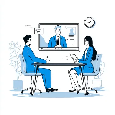 remote meetingA flat illustration, with only the outline of the face and no facial features, depicting two people in blue suits sitting at a table, video conferencing on a large screen, one man speaking and one woman taking notes. The background is white, the style is vector, simple, 2D, high resolution, no shadows. The image is in transparent PNG format, no text or logo, and uses a white palette,IN ghibli style, illustration on white background