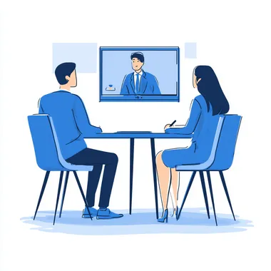 remote meetingA flat illustration, with only the outline of the face and no facial features, depicting two people in blue suits sitting at a table, video conferencing on a large screen, one man speaking and one woman taking notes. The background is white, the style is vector, simple, 2D, high resolution, no shadows. The image is in transparent PNG format, no text or logo, and uses a white palette,IN ghibli style, illustration on white background
