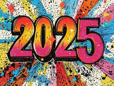 2025 typography in a comic book style, with bold primary colors, halftone shading, and action-filled backgrounds. Numbers are outlined in fat black lines with fun sound effects like Bang! or Pop! for a lively New Years poster.",