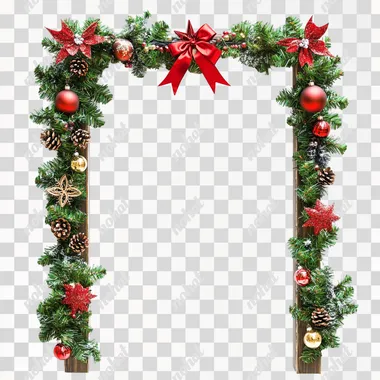 A photo of a rectangular arch made of wood decorated with Christmas ornaments, green and bushy garland on the top frame there is a Christmas star with two red ribbons running from the center to the end white background. --s 50
