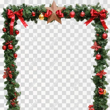 A photo of a rectangular arch made of wood decorated with Christmas ornaments, green and bushy garland on the top frame there is a Christmas star with two red ribbons running from the center to the end white background. --s 50