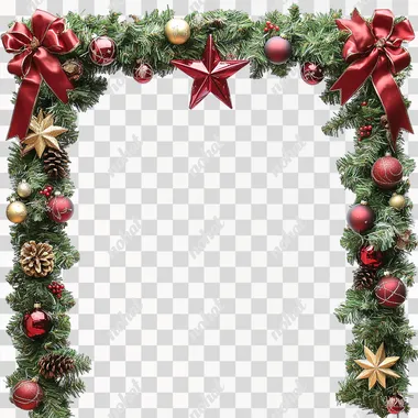 A photo of a rectangular arch made of wood decorated with Christmas ornaments, green and bushy garland on the top frame there is a Christmas star with two red ribbons running from the center to the end white background. --s 50