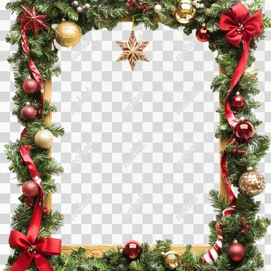 A photo of a rectangular arch made of wood decorated with Christmas ornaments, green and bushy garland on the top frame there is a Christmas star with two red ribbons running from the center to the end white background. --s 50