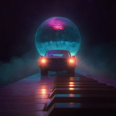 car driving on a piano rolls with a glowing disco ball in the bacground, synthwave style, neon coulors