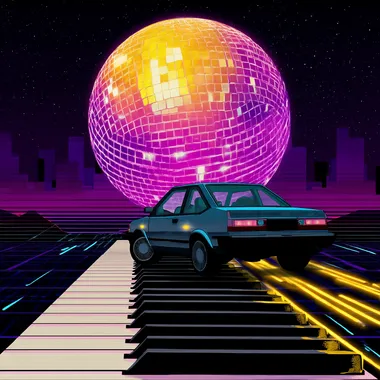 car driving on a piano rolls with a glowing disco ball in the bacground, synthwave style, neon coulors
