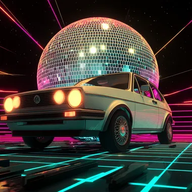 car driving on a piano rolls with a glowing disco ball in the bacground, synthwave style, neon coulors