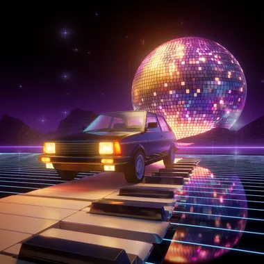 car driving on a piano rolls with a glowing disco ball in the bacground, synthwave style, neon coulors