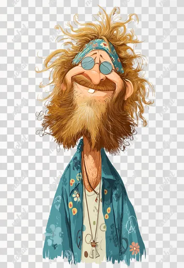 a caricature of a hippie with a goofy smirk on his face, white background  --raw