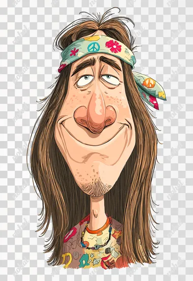 a caricature of a hippie with a goofy smirk on his face, white background  --raw