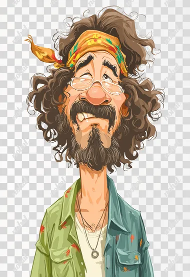 a caricature of a hippie with a goofy smirk on his face, white background  --raw