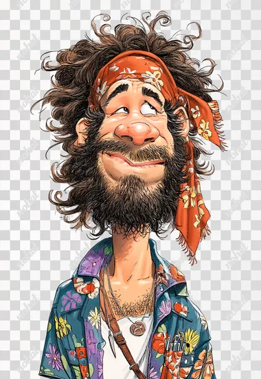 a caricature of a hippie with a goofy smirk on his face, white background  --raw