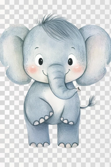 a children’s book style illustration of a cute whimsical elephant with a grey head grey hair grey ears grey trunk grey body grey legs grey tail and grey feet on a white background  objects in the picture, plants