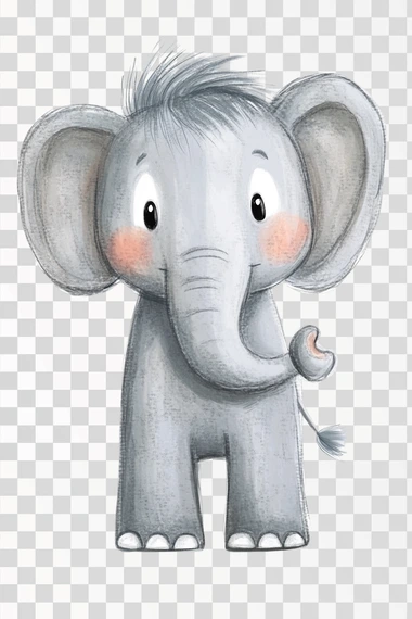 a children’s book style illustration of a cute whimsical elephant with a grey head grey hair grey ears grey trunk grey body grey legs grey tail and grey feet on a white background  objects in the picture, plants