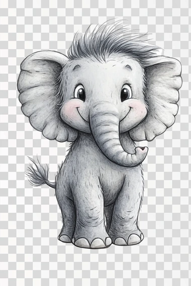 a children’s book style illustration of a cute whimsical elephant with a grey head grey hair grey ears grey trunk grey body grey legs grey tail and grey feet on a white background  objects in the picture, plants