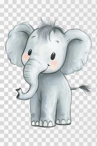 a children’s book style illustration of a cute whimsical elephant with a grey head grey hair grey ears grey trunk grey body grey legs grey tail and grey feet on a white background  objects in the picture, plants