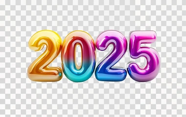Bold 3D bubble numbers "2025", futuristic vibrant colors, rounded glossy surfaces, isolated against a pure white background, wide-angle lens, soft natural shadows, ultra-realistic style