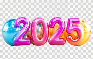 Bold 3D bubble numbers "2025", futuristic vibrant colors, rounded glossy surfaces, isolated against a pure white background, wide-angle lens, soft natural shadows, ultra-realistic style
