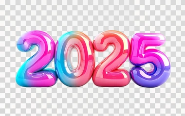 Bold 3D bubble numbers "2025", futuristic vibrant colors, rounded glossy surfaces, isolated against a pure white background, wide-angle lens, soft natural shadows, ultra-realistic style