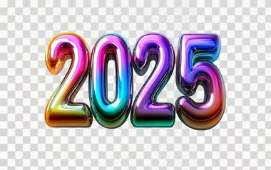 Bold 3D bubble numbers "2025", futuristic vibrant colors, rounded glossy surfaces, isolated against a pure white background, wide-angle lens, soft natural shadows, ultra-realistic style