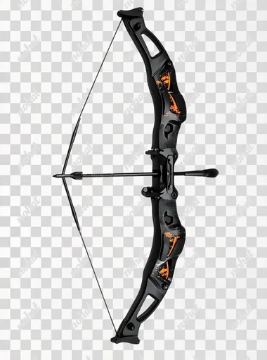 A photograph of a slightly tilted black simple compound bow against white background.