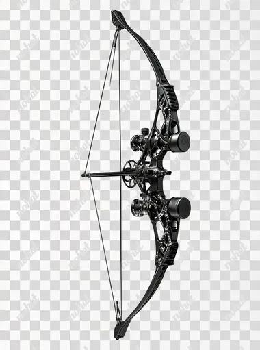 A photograph of a slightly tilted black simple compound bow against white background.