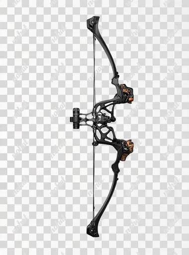 A photograph of a slightly tilted black simple compound bow against white background.
