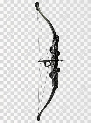 A photograph of a slightly tilted black simple compound bow against white background.