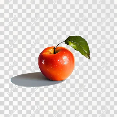 A single, perfectly ripe red apple with a shiny surface and a small green leaf attached to its stem, isolated on a clean white background, no shadow, no text