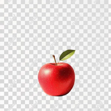 A single, perfectly ripe red apple with a shiny surface and a small green leaf attached to its stem, isolated on a clean white background, no shadow, no text
