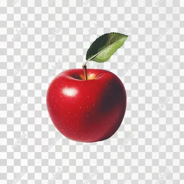 A single, perfectly ripe red apple with a shiny surface and a small green leaf attached to its stem, isolated on a clean white background, no shadow, no text