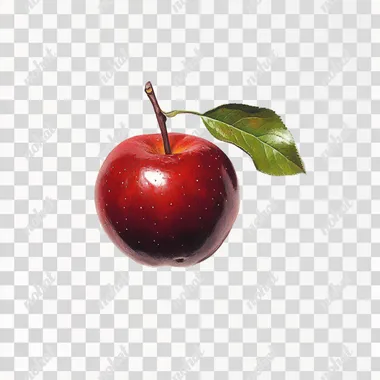 A single, perfectly ripe red apple with a shiny surface and a small green leaf attached to its stem, isolated on a clean white background, no shadow, no text