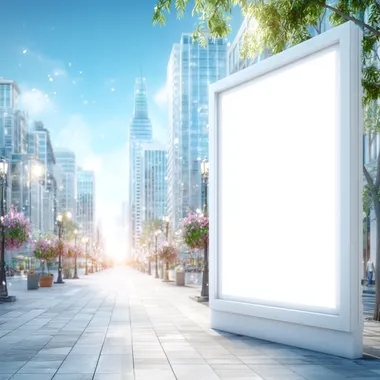 A modern empty advertising billboard or city street stand, realistic urban environment, clean white placeholder screen, no text or logo, standing on a sidewalk or near a building, daylight, photorealistic, 8k  --s 250  sxi6i1l