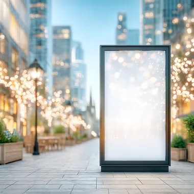 A modern empty advertising billboard or city street stand, realistic urban environment, clean white placeholder screen, no text or logo, standing on a sidewalk or near a building, daylight, photorealistic, 8k  --s 250  sxi6i1l