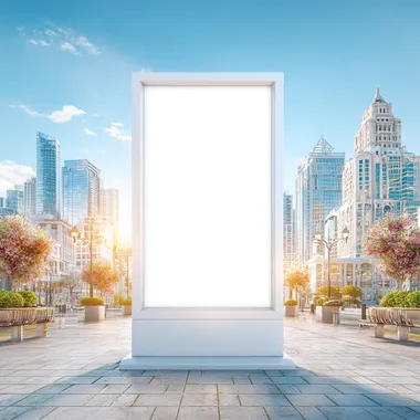 A modern empty advertising billboard or city street stand, realistic urban environment, clean white placeholder screen, no text or logo, standing on a sidewalk or near a building, daylight, photorealistic, 8k  --s 250  sxi6i1l