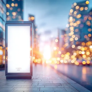 A modern empty advertising billboard or city street stand, realistic urban environment, clean white placeholder screen, no text or logo, standing on a sidewalk or near a building, daylight, photorealistic, 8k  --s 250  sxi6i1l
