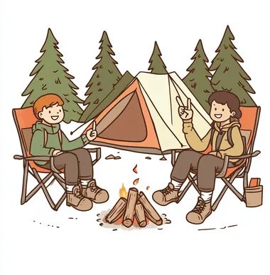 Two people sitting in chairs with their legs crossed, wearing white socks and hiking boots. One is making a peace sign while smiling at the other. They have two tents behind them, as well as three pine trees nearby. There is also an open fire next to them, on which you can see some kind of meat or chicken. The illustration is in a simple, clip art-style vector format with a white background, and features only one character.