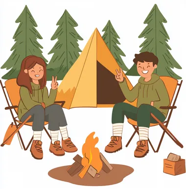 Two people sitting in chairs with their legs crossed, wearing white socks and hiking boots. One is making a peace sign while smiling at the other. They have two tents behind them, as well as three pine trees nearby. There is also an open fire next to them, on which you can see some kind of meat or chicken. The illustration is in a simple, clip art-style vector format with a white background, and features only one character.