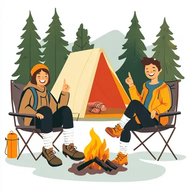 Two people sitting in chairs with their legs crossed, wearing white socks and hiking boots. One is making a peace sign while smiling at the other. They have two tents behind them, as well as three pine trees nearby. There is also an open fire next to them, on which you can see some kind of meat or chicken. The illustration is in a simple, clip art-style vector format with a white background, and features only one character.