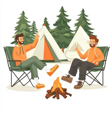 Two people sitting in chairs with their legs crossed, wearing white socks and hiking boots. One is making a peace sign while smiling at the other. They have two tents behind them, as well as three pine trees nearby. There is also an open fire next to them, on which you can see some kind of meat or chicken. The illustration is in a simple, clip art-style vector format with a white background, and features only one character.