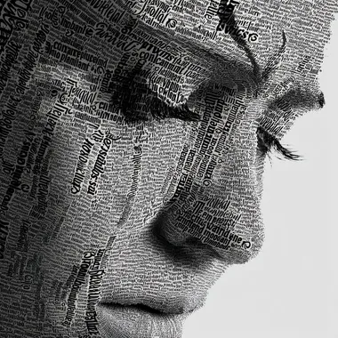 Typographic and akwarela:portrait of a woman created from thousands of tiny letters from the word "pain", forming a face full of pain and silent suffering. A black and white composition, in which each word and character becomes a shadow, a wrinkle, a look full of regret. The letters tremble, thicken in the eyes, mouth and eyebrows - creating an image of emotions impossible to express. - ultra-detailed - ink-ultramicro-detailed.