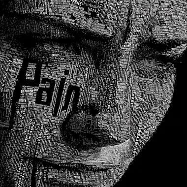 Typographic and akwarela:portrait of a woman created from thousands of tiny letters from the word "pain", forming a face full of pain and silent suffering. A black and white composition, in which each word and character becomes a shadow, a wrinkle, a look full of regret. The letters tremble, thicken in the eyes, mouth and eyebrows - creating an image of emotions impossible to express. - ultra-detailed - ink-ultramicro-detailed.