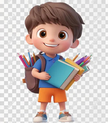A cute little boy with brown hair, wearing blue short-sleeved shirt and orange shorts, holding books in his hands, carrying colorful pencils on the back of an open backpack, smiling happily, against a white background, made of clay material, in the style of Pixar, with a chibi character design, a three-dimensional sense, a 3D rendering effect, high-definition details, bright colors, a full-body portrait, and natural lighting.