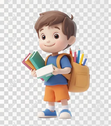 A cute little boy with brown hair, wearing blue short-sleeved shirt and orange shorts, holding books in his hands, carrying colorful pencils on the back of an open backpack, smiling happily, against a white background, made of clay material, in the style of Pixar, with a chibi character design, a three-dimensional sense, a 3D rendering effect, high-definition details, bright colors, a full-body portrait, and natural lighting.
