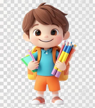 A cute little boy with brown hair, wearing blue short-sleeved shirt and orange shorts, holding books in his hands, carrying colorful pencils on the back of an open backpack, smiling happily, against a white background, made of clay material, in the style of Pixar, with a chibi character design, a three-dimensional sense, a 3D rendering effect, high-definition details, bright colors, a full-body portrait, and natural lighting.