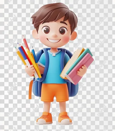 A cute little boy with brown hair, wearing blue short-sleeved shirt and orange shorts, holding books in his hands, carrying colorful pencils on the back of an open backpack, smiling happily, against a white background, made of clay material, in the style of Pixar, with a chibi character design, a three-dimensional sense, a 3D rendering effect, high-definition details, bright colors, a full-body portrait, and natural lighting.