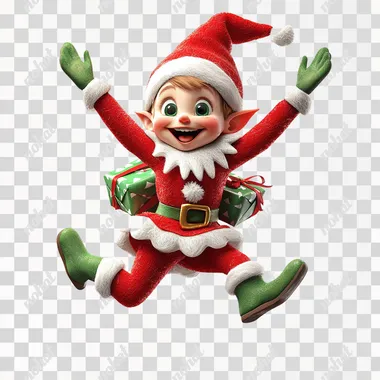 3d animation elf on the shelf jumping for joy red and green colors elf preparing for wrapping boxes png - white background bright colors --s 750