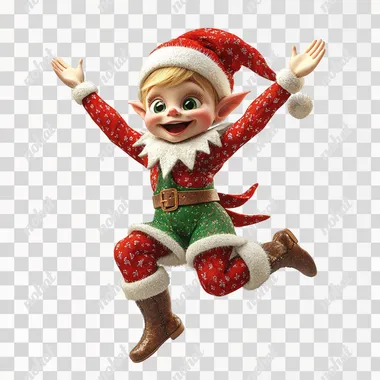 3d animation elf on the shelf jumping for joy red and green colors elf preparing for wrapping boxes png - white background bright colors --s 750